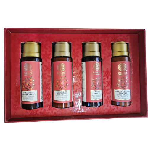Forest Essentials - Bitter Orange and Cinnamon Gift Pack - Silkening Shower Wash 50ml | Ultra-Rich Body Milk 50ml | After Bath Oil 50ml | Silken Dusting Powder 25g