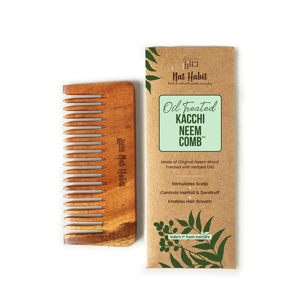 Nat Habit - Oil Treated Kacchi Neem Handmade Wooden Comb - Wide Tooth for Post Shampoo Detangling