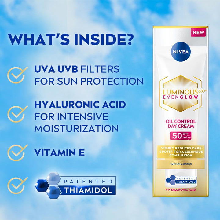 Nivea Luminous Even Glow Oil Control SPF50 Day Cream with Hyaluronic Acid - 40ml