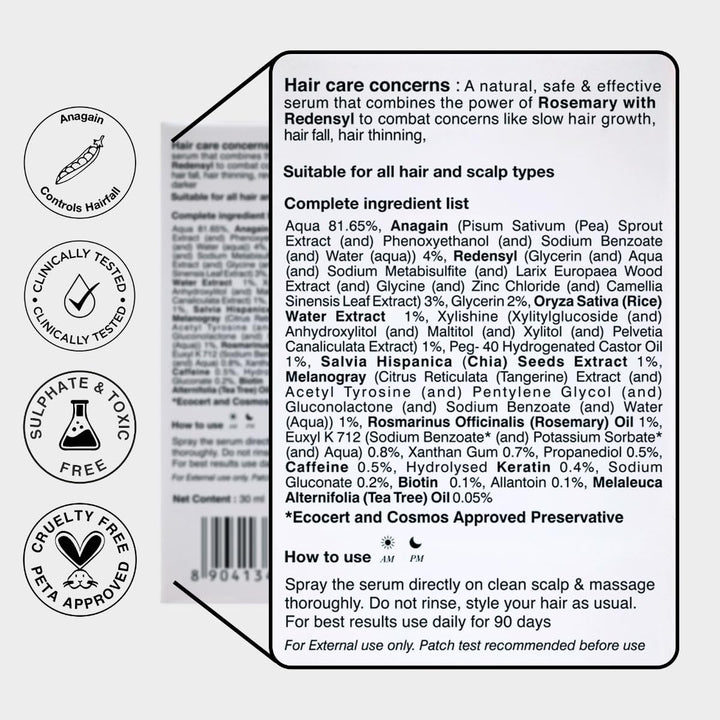 SoulFlower - Rosemary Redensyl Hair Growth Serum with Rosemary 1% Redensyl 3% Anagain 4% and Melanogray 1% 30ml