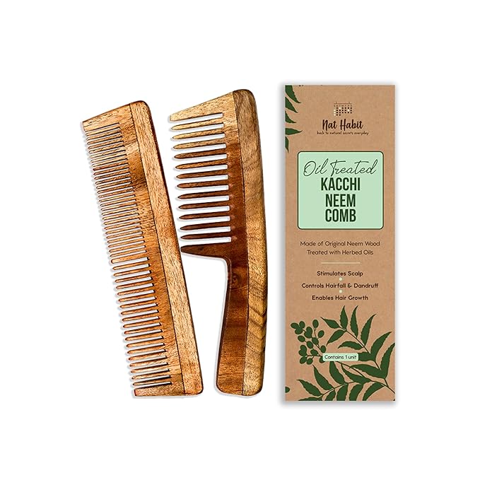 Nat Habit - Oil Treated Kacchi Neem Dual Tooth & Wide Tooth Comb Combo