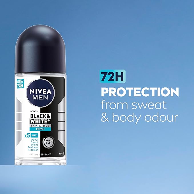 Nivea - Black & White Invisible Fresh Anti-Perspirant Roll-On Deodorant 50ml | 72-Hour Sweat Protection | Anti-Stain Technology | Fresh Scent | No Marks on Clothes | Skin-Safe Formula