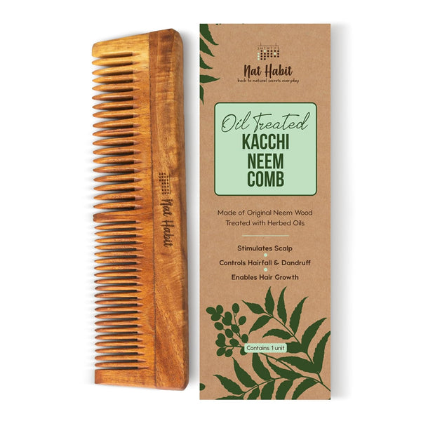 Nat Habit - Oil Treated Kacchi Neem Ayurvedic Wooden Comb - Dual Tooth for Detangling & Frizz Control
