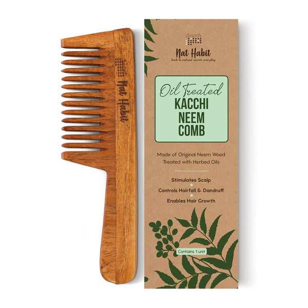 Nat Habit - Oil Treated Kacchi Neem Ayurvedic Wooden Comb - Wide Tooth for Gentle Detangling