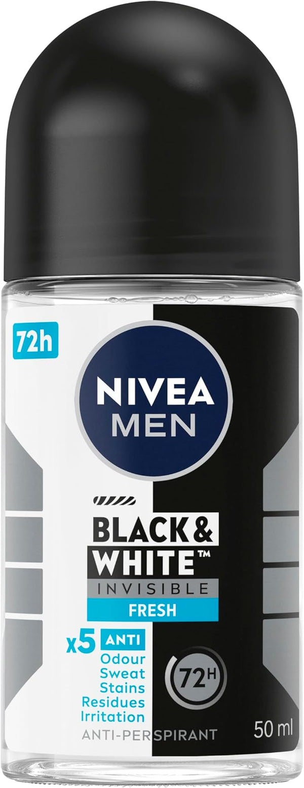 Nivea - Black & White Invisible Fresh Anti-Perspirant Roll-On Deodorant 50ml | 72-Hour Sweat Protection | Anti-Stain Technology | Fresh Scent | No Marks on Clothes | Skin-Safe Formula