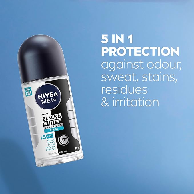 Nivea - Black & White Invisible Fresh Anti-Perspirant Roll-On Deodorant 50ml | 72-Hour Sweat Protection | Anti-Stain Technology | Fresh Scent | No Marks on Clothes | Skin-Safe Formula