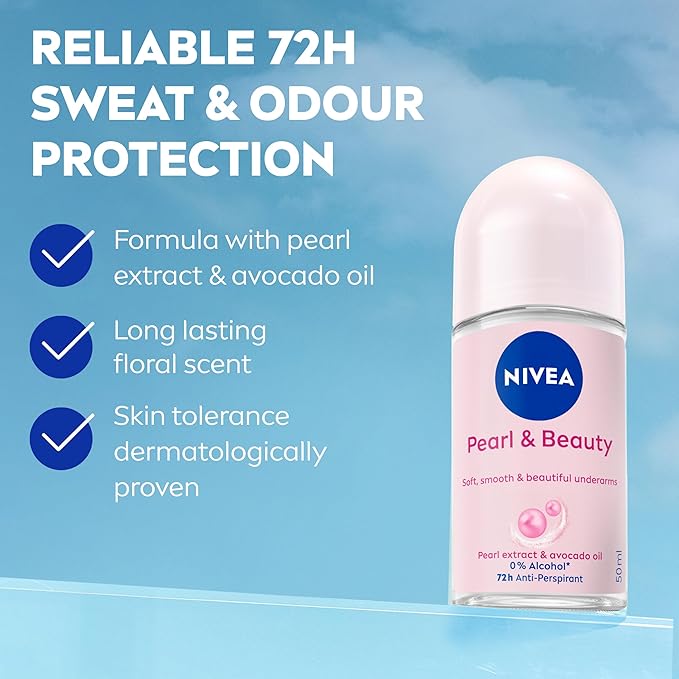 Nivea - Pearl and Beauty Roll-On Deodorant 50ml | Anti-Perspirant Deodorant for Women | 48-hour Protection from Sweat & Body Odour | With Black Pearl Extracts | Long-Lasting Fragrance