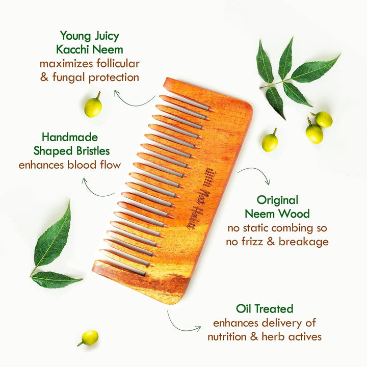 Nat Habit - Oil Treated Kacchi Neem Wide Tooth Shampoo Comb Small