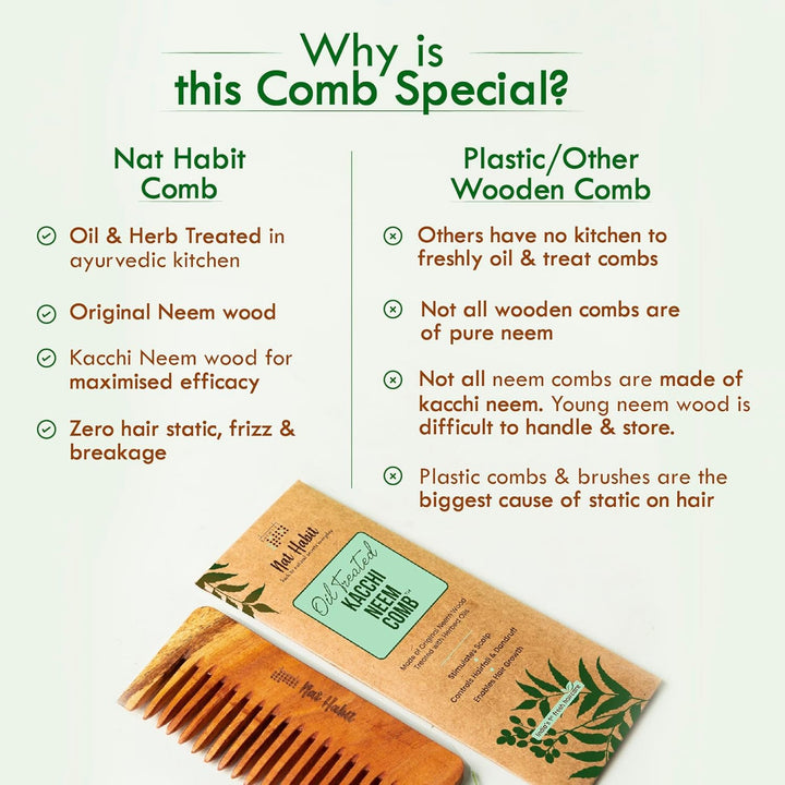 Nat Habit - Oil Treated Kacchi Neem Wide Tooth Shampoo Comb Small