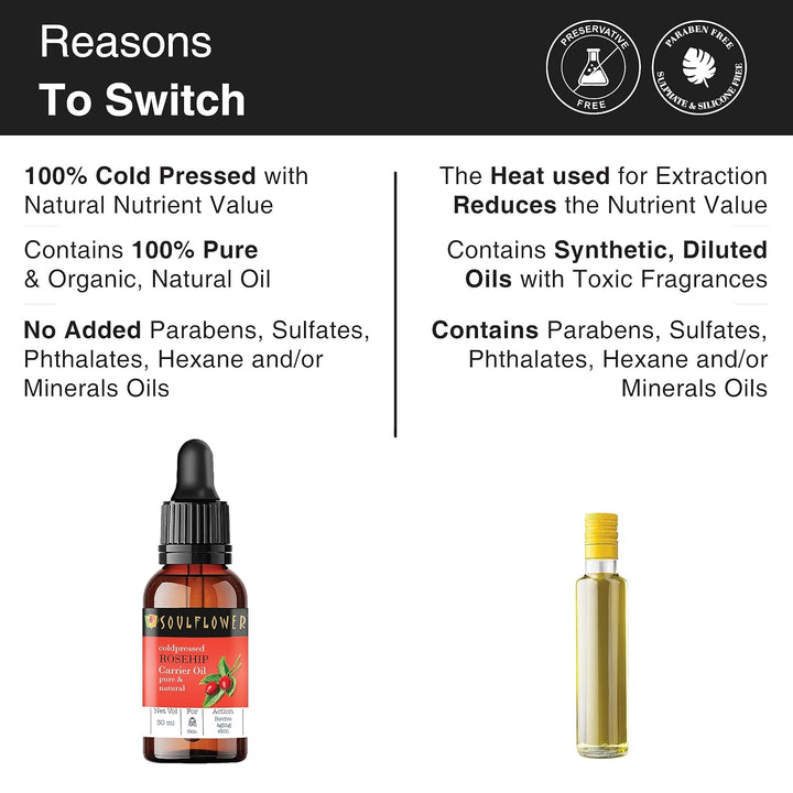SoulFlower - Rosehip Cold pressed Oil for Skin Hydration & Moisturization 30ml - Strong Hair , Natural Face Serum