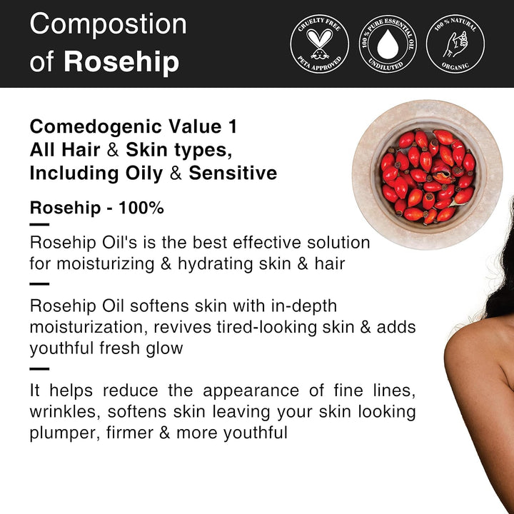 SoulFlower - Rosehip Cold pressed Oil for Skin Hydration & Moisturization 30ml - Strong Hair , Natural Face Serum