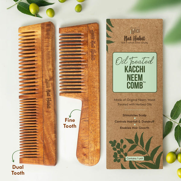 Nat Habit - Oil Treated Kacchi Neem Dual Tooth & Fine Tooth Comb Combo