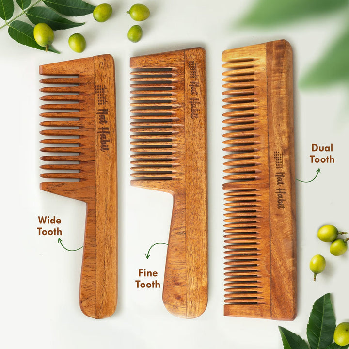 Nat Habit - Oil Treated Kacchi Neem Dual Tooth, Fine Tooth & Wide Tooth Comb Combo