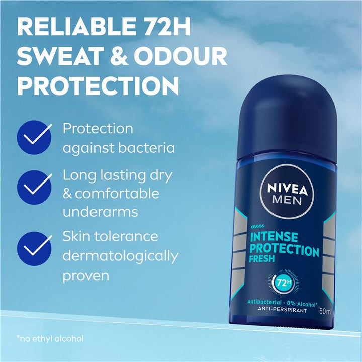 Nivea - MEN Intense Protection Fresh Anti-Perspirant Roll-On Deodorant 50ml | 72-Hour Sweat & Odour Protection | Quick-Dry Formula | With Antibacterial Actives | Fresh & Long-Lasting Fragrance
