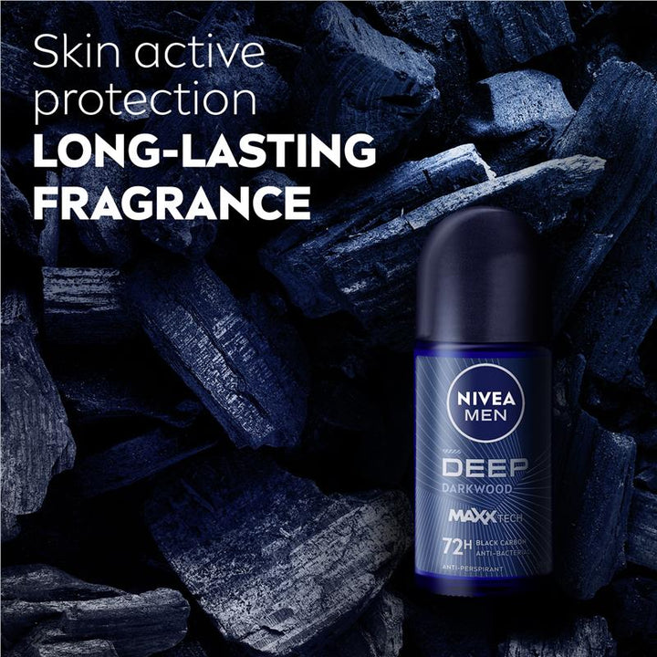 Nivea - MEN Deep Darkwood Anti-Perspirant Roll-On Deodorant 50ml | Enriched With Active Charcoal to Fight Odour | 72-Hour Anti-Perspirant Protection | Woody, Masculine Fragrance