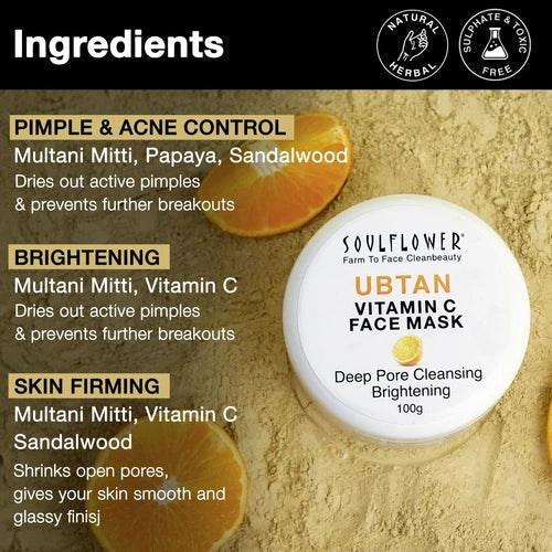 SoulFlower - Deep Pores Cleansing & Brightening Ubtan Face Mask 100g