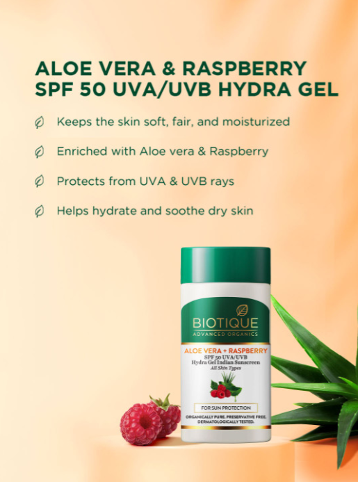 Biotique Aloe Vera + Raspberry SPF 50 UVA/UVB Hydra Gel Sunscreen 25g