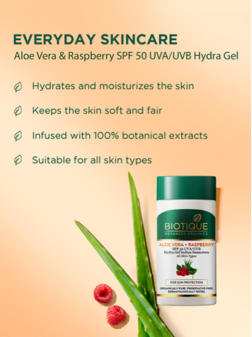 Biotique Aloe Vera + Raspberry SPF 50 UVA/UVB Hydra Gel Sunscreen 25g
