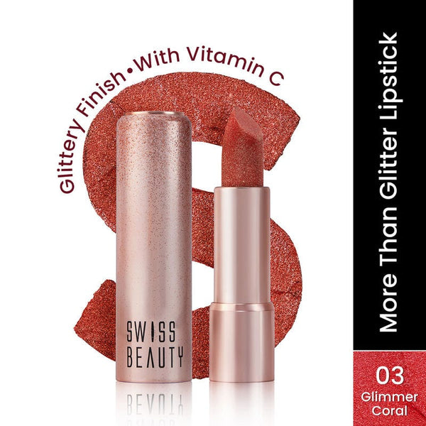 Swiss Beauty - More Than Glitter Lipstick Shade No. 03 Glimmer Coral