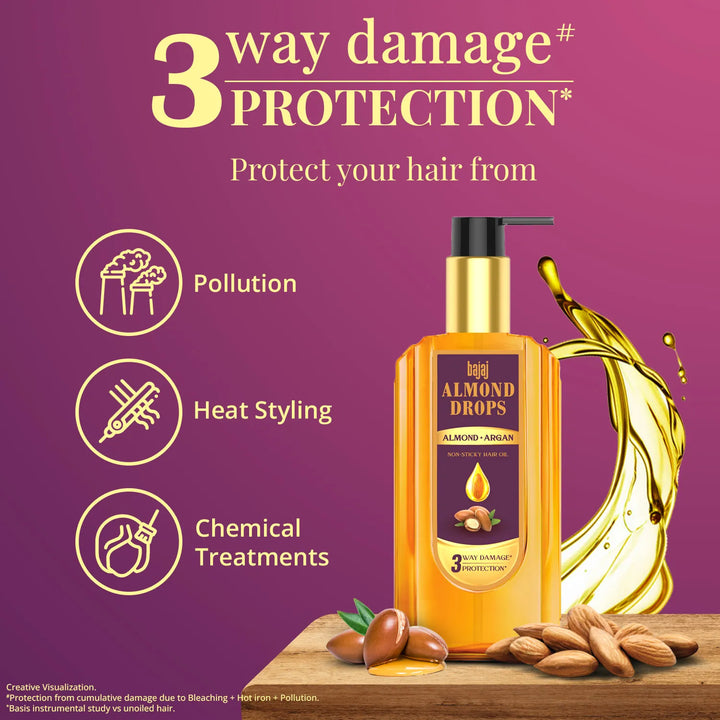 Bajaj - Almond Drops Non Sticky Hair Oil with Almond & Argan Oil 3 Way Damage Protection 100ml